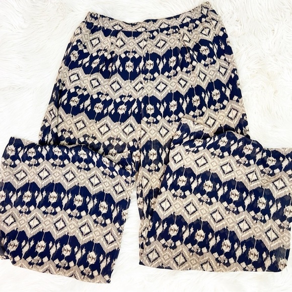 FORA NAVY TAUPE PATTERN ELASTIC WAIST WIDE LEG FLOWY PANTS WOMENS SZ MEDIUM - Picture 1 of 7